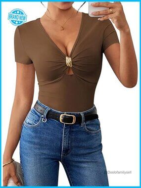 Deep V-Neck Short Sleeve Top with Metal Ring Detail Sleek Going Out Tee
